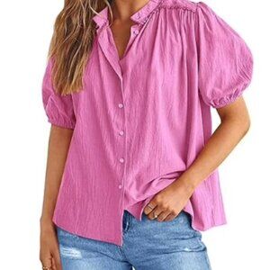 Women's Pink Button Down Shirt with Puff Sleeve